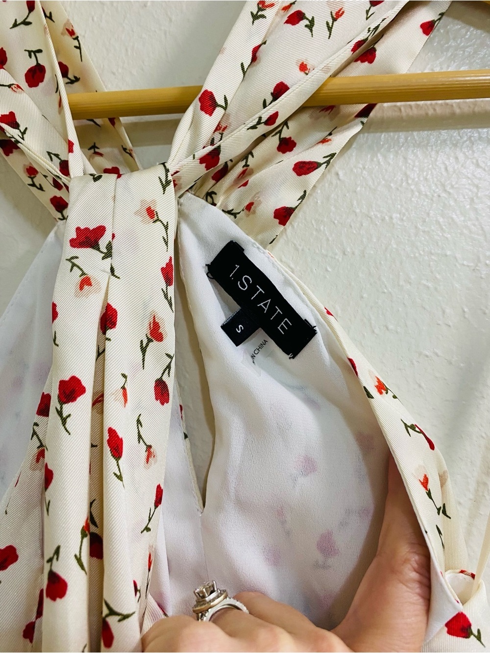 1. State Cream Twist Tie Halter Neck Camisole with Red Floral Print - Picture 3 of 7